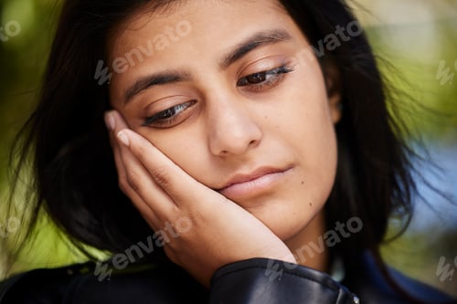 Preview: Sad, thinking and mental health with woman in nature for depression, stress and confused. Fear, fru