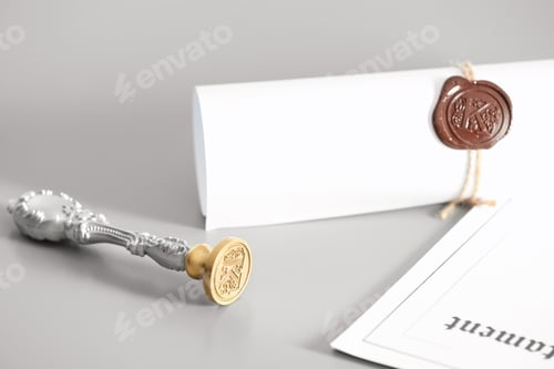 Preview: Vintage notary stamp and documents on grey background, closeup