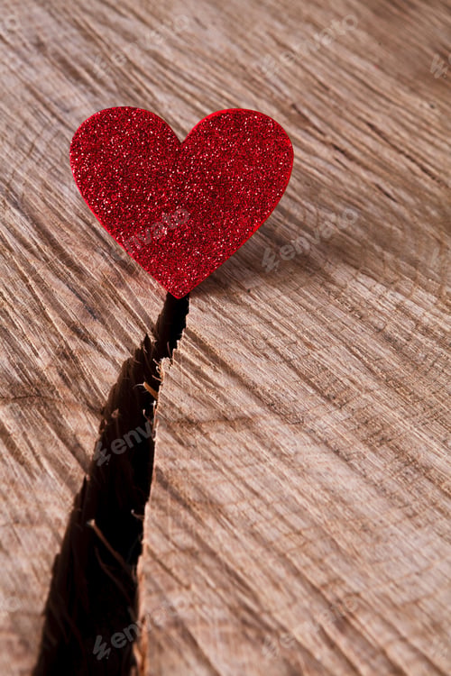 Preview: Valentine day background, paper heart on wood, copy space