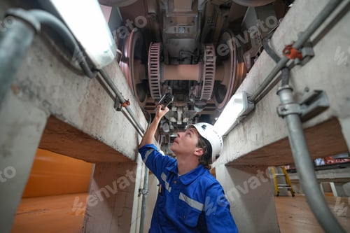 Preview: Portrait of apprentice under train in railway engineering facility