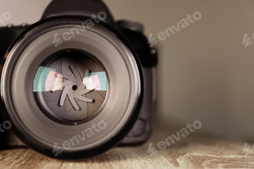 Preview: Digital camera of professional photographer on table. Space for text
