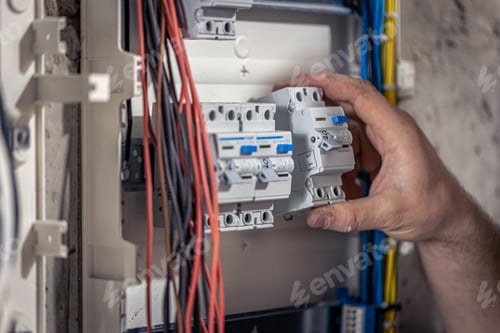 Preview: A male electrician works in a switchboard with an electrical connecting cable.