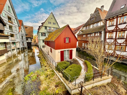 Preview: Aerial View To Colorful Ulm Cityscape, Germany, On Blue Cloudy Sky Background