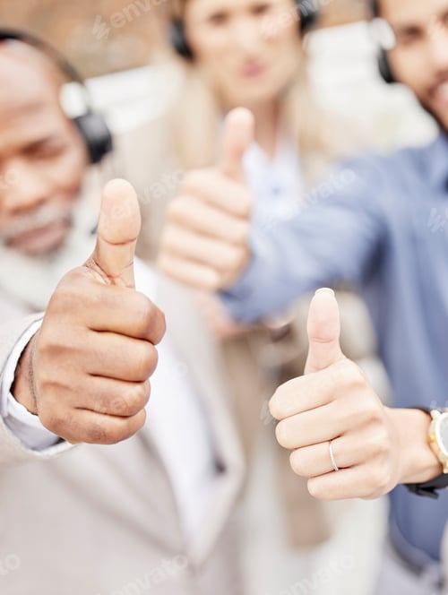 Preview: Business people, call center and hands with thumbs up for winning, teamwork or agreement at office.