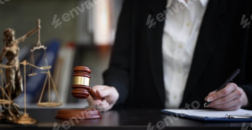 Preview: Woman judge hand holding gavel to bang on sounding block in the court room.