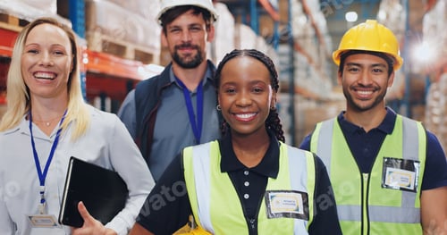 Preview: People, warehouse and happy on portrait for teamwork, collaboration and supply chain. Employee, div