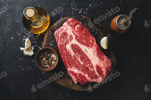 Preview: Fresh raw meat with spices on dark