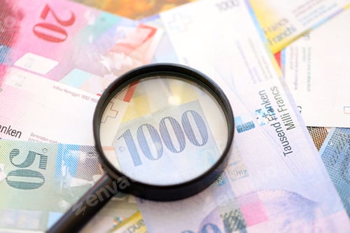 Preview: Swiss franc banknotes and magnifying glass. The current francs money bills with loupe lies on table