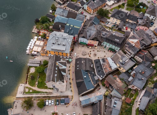 Preview: Aerial Panoramic View of the Famous Old Town Hallstatt and its Iconic Church in Salzkammergut
