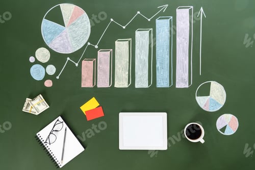 Preview: Top view of digital tablet, cup of coffee, dollar banknotes and business charts at workplace, small