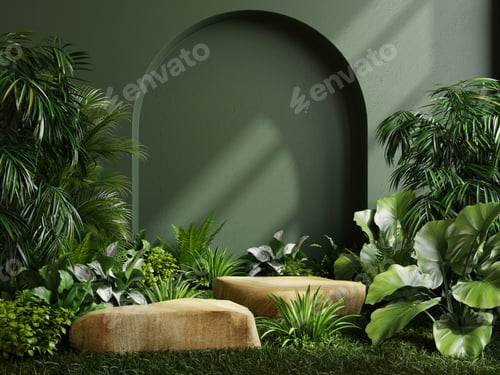 Preview: Two podium stone in tropical forest for product presentation and green wall