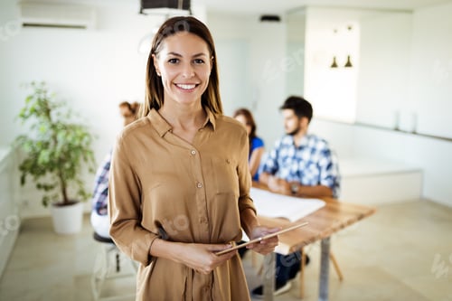 Preview: Business people at conference tablet having meeting