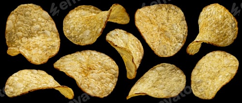Preview: Natural potato chips isolated on black background, full depth of field