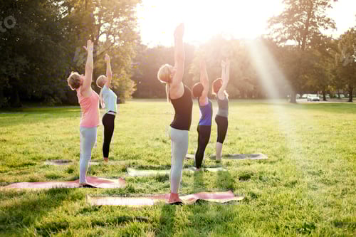 Preview: Mixed age group of people practicing yoga outside in the park while sunset