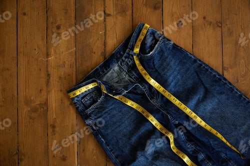 Vorschau: Weiblicher blauer Jeansrock mit Maßband statt Gürtel