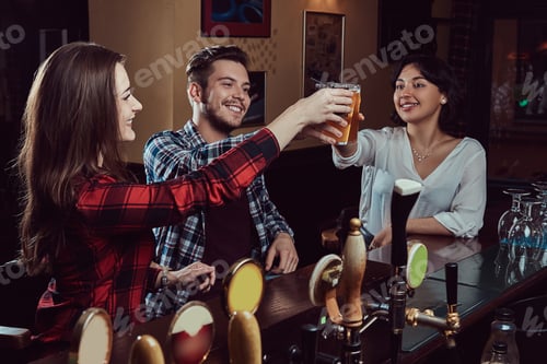 Preview: Happy multiracial friends making a toast with beer at bar or pub.