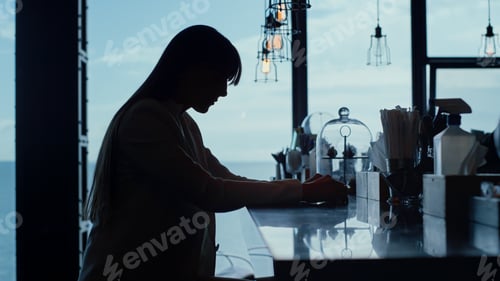 Preview: Upset woman silhouette sitting bartender alone closeup. Manager tired at bar