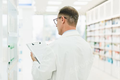 Preview: Chemist checking medical prescription on clipboard, looking for medicines, vitamins at pharmacy
