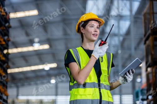Preview: women engineer holding walkie talkie and tablet quality control standing at machine of factory wareh