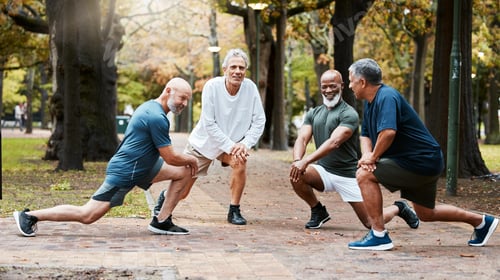 Preview: Senior, man group and stretching at outdoor together for elderly fitness and urban wellness with ha