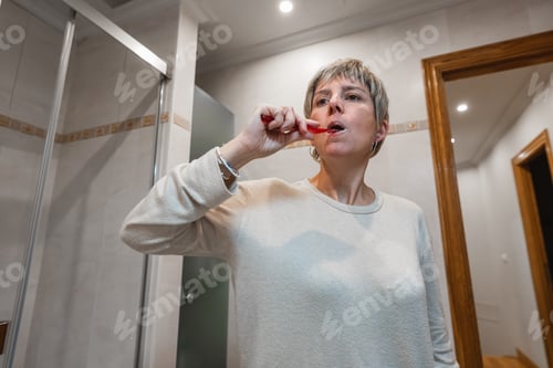 Preview: Woman brushing teeth in bathroom for oral hygiene