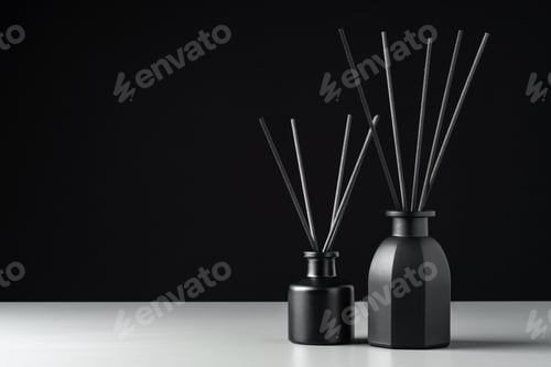 Preview: Two Black Reed Diffuser Bottles on White Surface Against Black Background