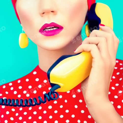 Preview: close-up portrait of a retro girl with telephone