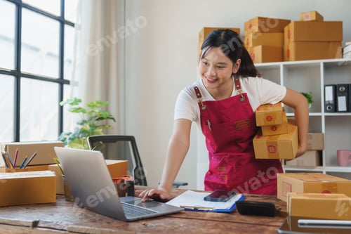 Preview: Young woman managing online e commerce small business from home
