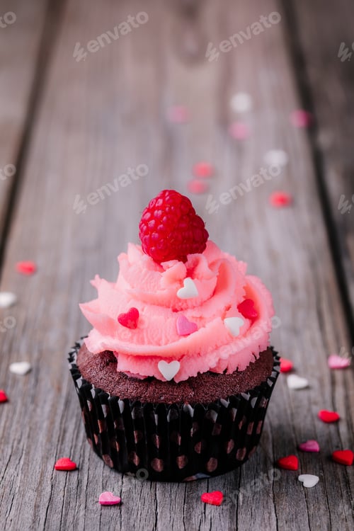 Preview: Raspberry cupcake with heart sprinkles on wood surface