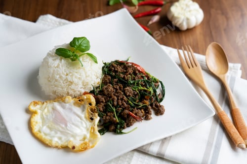Preview: Top view Stir fried minced pork with basil served with steamed jasmine rice and fired egg,spicy food