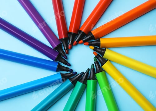 Preview: Flat lay composition with markers on color background. Rainbow palette