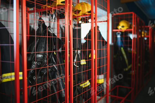 Preview: Helmets and uniforms in locker room of fire fighters