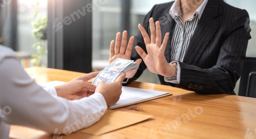 Preview: Authorities raising his hand refusing to accept bribes from customer.