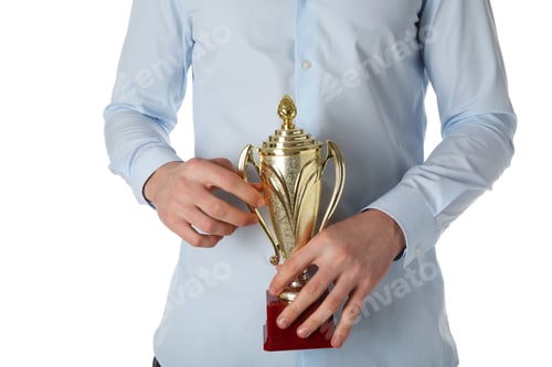Preview: Man with golden trophy cup on white background, closeup