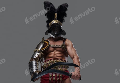 Preview: Shot of violent gladiator with twin swords and plumed helmet