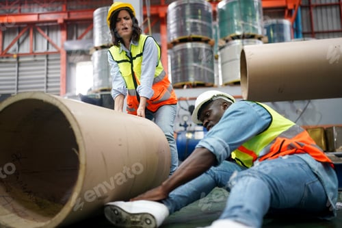 Preview: Accident scene in warehouse factory with two foreman and someone has hurt leg in factory