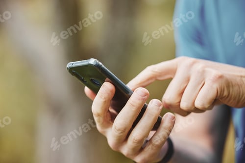 Preview: Hands, closeup and phone or outdoor exercise for fitness or location for training or communication.