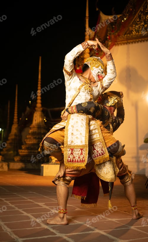 Preview: Close-up of two Thai Khon dancers wearing traditional masks