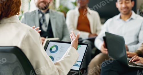 Preview: Laptop, hands and businesswoman in team meeting with data, financial analysis and leader planning.