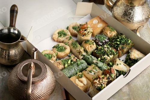 Preview: Fresh homemade Baklava middle eastern sweet dessert food pastry cakes