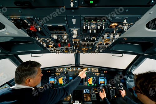 Preview: An experienced pilot instructs a young student before a training flight in the cockpit simulator