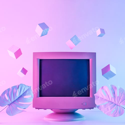 Preview: Vaporwave old retro computer like nostalgia tropical monstera and flying blocks