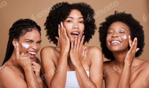 Preview: Skincare, beauty and black women, friends and face cream in studio on brown background. Group portr