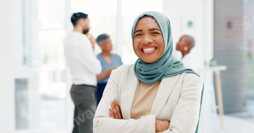 Preview: Face of a muslim business woman in hijab, proud for company values, mission and inclusion culture i