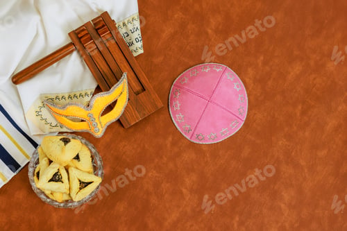 Preview: Celebration happy purim with jewish holiday hamantaschen carnival masks a religious decoration