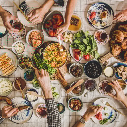 Preview: Flat-lay of family having traditional Turkish breakfast, square crop