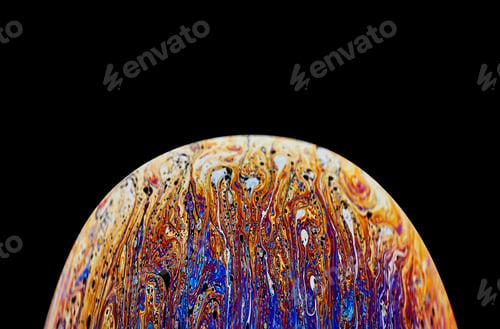 Preview: Virtual reality space with abstract multicolor psychedelic planet. Closeup Soap bubble