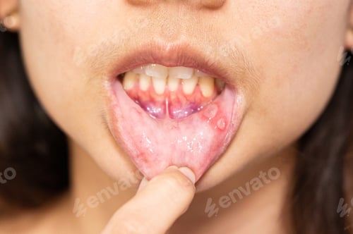 Preview: Asian woman have Aphthous ulcer or Canker sore on mouth at lip