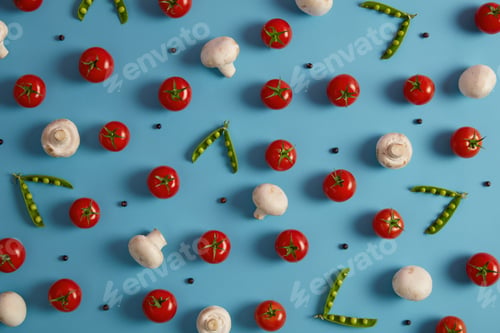 Preview: Fresh vegetables, ingredients for cooking soup or salad. Champignons, red tomatoes, green peas and p