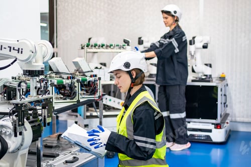 Preview: Female Engineer check and control automation robot arms machine in factory. robotics manufacturing.